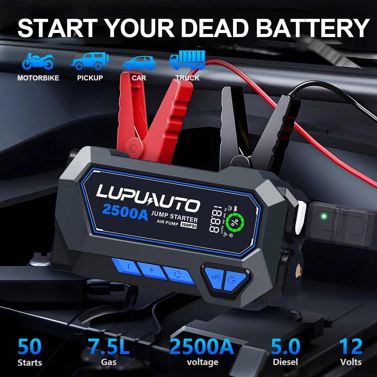 Jump Starter with Air Compressor Power 2000A Car Jump Starter Battery for Car Starter Portable Emergency Booster 12V Auto Starting Device Petrol Diesel 150PSI Tire Inflator Pump