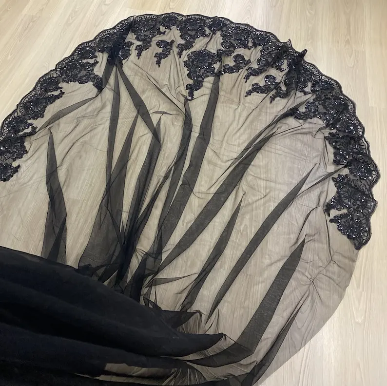 أسود الزفاف كيب طويل الزفاف كيب الأزهار كاتدرائية الحجاب بريق الكتف الحجاب فستان الزفاف الأسود تول أسود #5