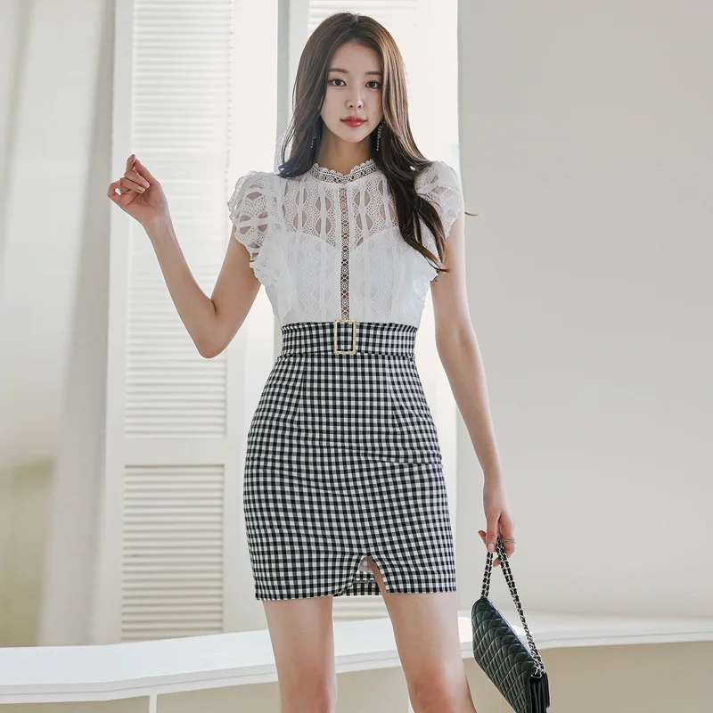 

Elegant Formal Dresses Hollow Lace Plaid Stitched Ruffle Sleeve Pencil Dress 2023 Summer Slim Bodycon Party Club Dress