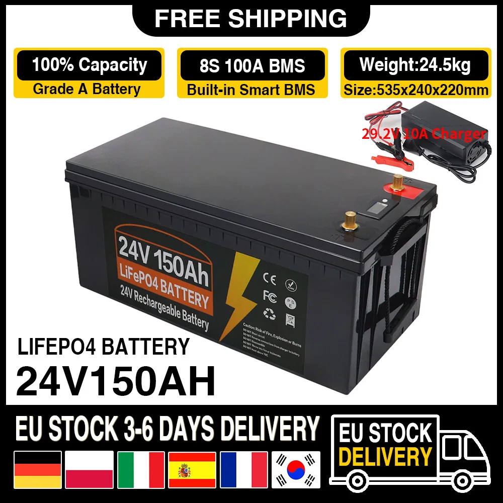 12V 24V LiFePO4 Battery 600Ah 300Ah 200Ah 120AH 100AH Built-in BMS Lithium Iron Phosphate Cell Pack For Golf Cart Solar Tax Free