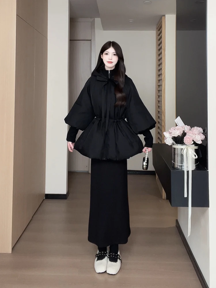 

Теплая корейская зимняя куртка для женщин с эффектом похудения, хлопковая, с рукавами-фонариками и шнурком, премиум-класса B254F0030