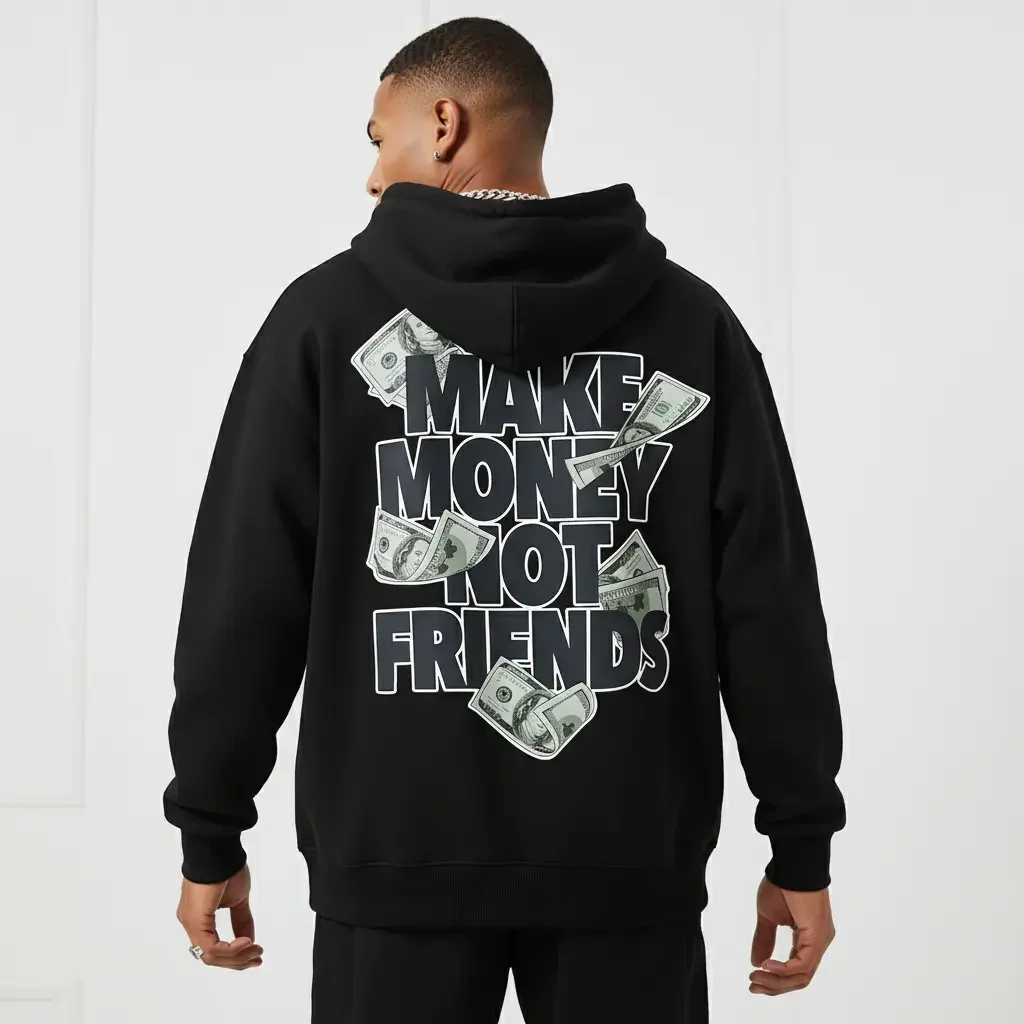 Men's MAKE MONEY NOT FRIENDS Graphic Hoodie - Cotton Blend Long Sleeve Pullover Regular Fit | Soft & Breathable Fabric, Durable Print, Everyday Comfort, Machine Washable, Urban Streetwear City Backdrop