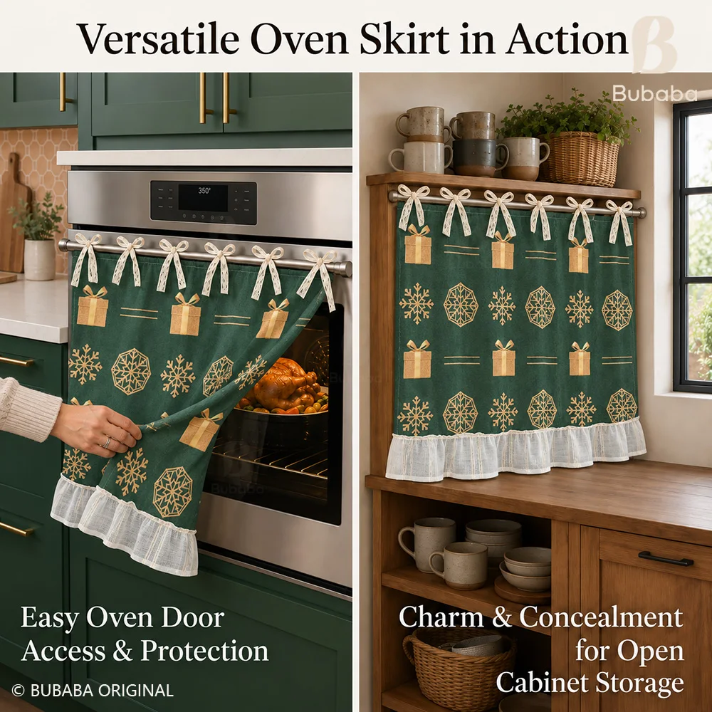 Christmas Oven Dust Curtain Retro Printed Cover Lace Butterfly Strap Ruffled Edge Kitchen Decorative Dust Cover