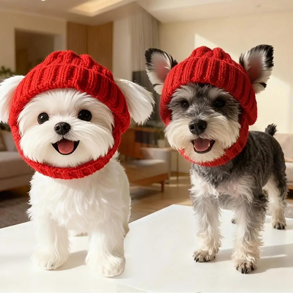 

Winter Warm Pet Headwear Cute Dog Red Hat Warm Windproof Knitted Dog Beanie Hat Christmas New Year Hat Solid Color Puppy Hat