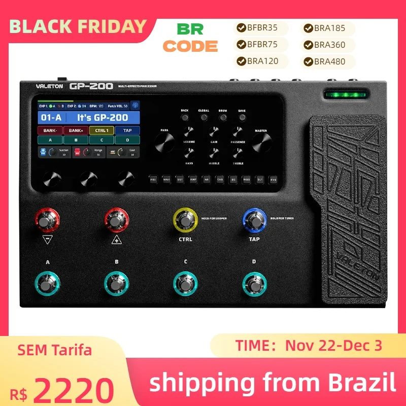 Valeton GP-200 Brasil Guitar Bass Amp Modeling IR Simulation Multi-Effects with EU Power FX Loop MIDI I/O Expression Pedal