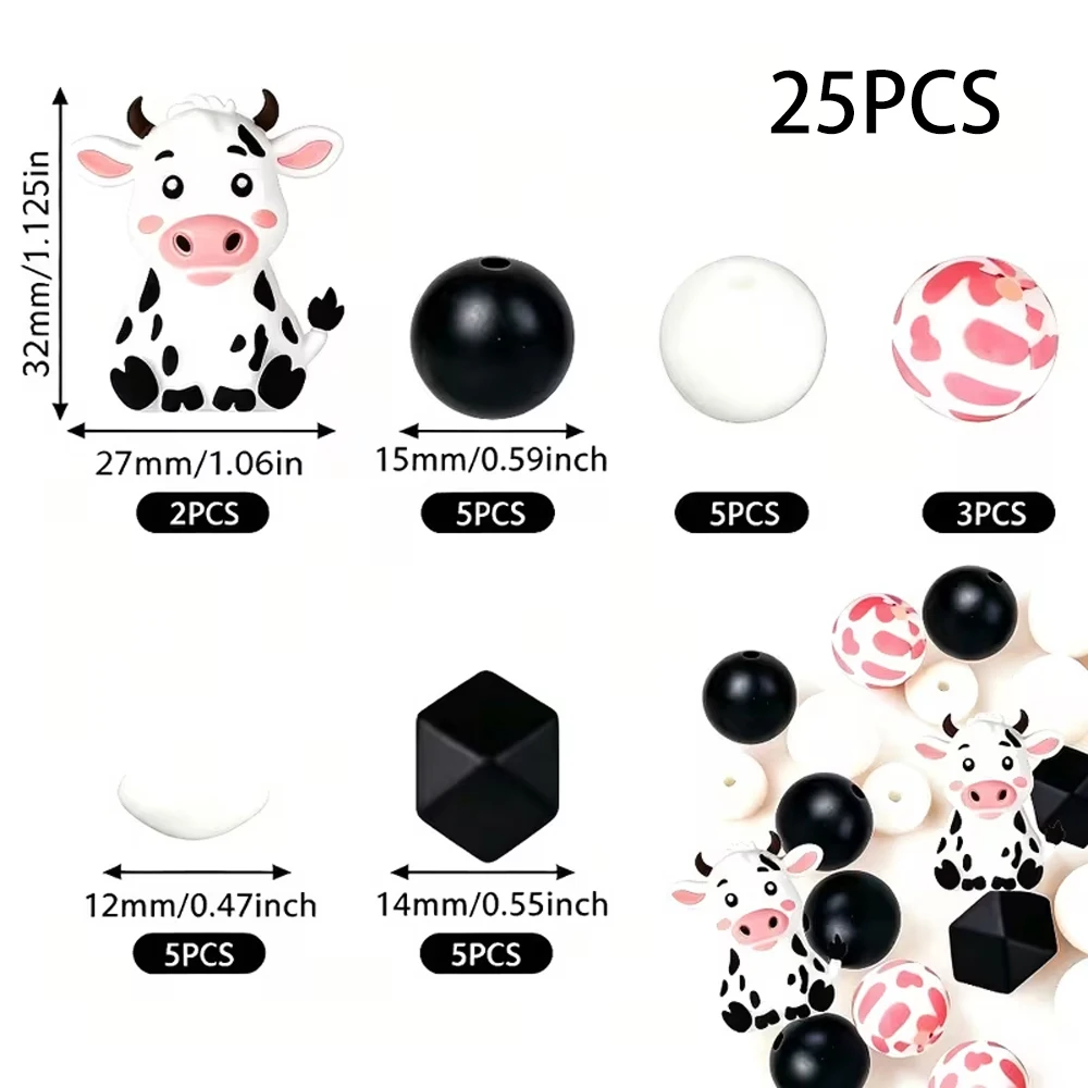 25-teiliges 3D-Tier-Silikonperlen-Set, Zebra, Kuh, Giraffe, Leopard, DIY-Perlenkette, Armband, Dekorationsstift, Schmuckanhänger, etc. Geburtstagsgeschenk für die Feiertage – Detail 8