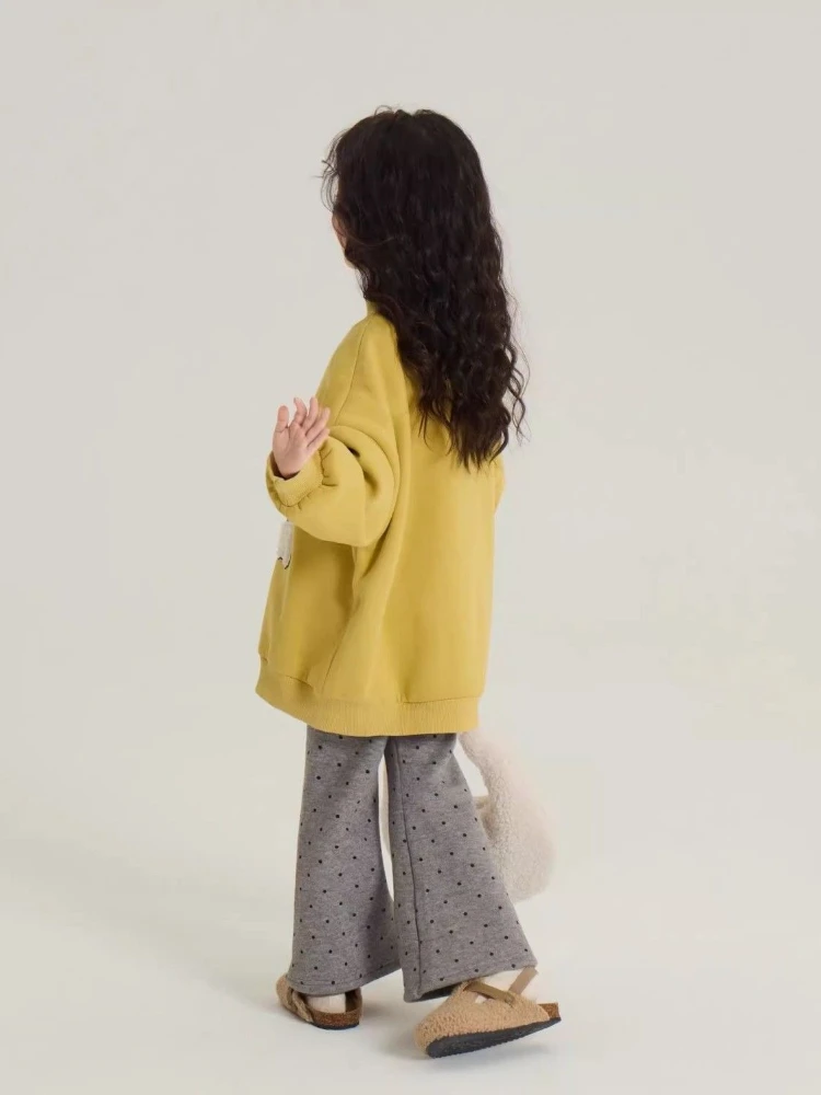 Girls Flare Pants Winter Warm Fleece Thick Polka Dot Casual Bell Bottom Trousers Kids Bottoms