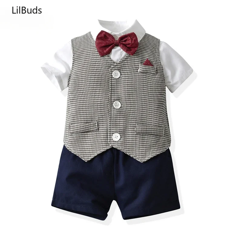 

2024 Children Boy Formal 3PCS Suit Short Sleeve Shirt+Suspenders Shorts+Vest Summer Toddler Boys Gentleman Clothing Set