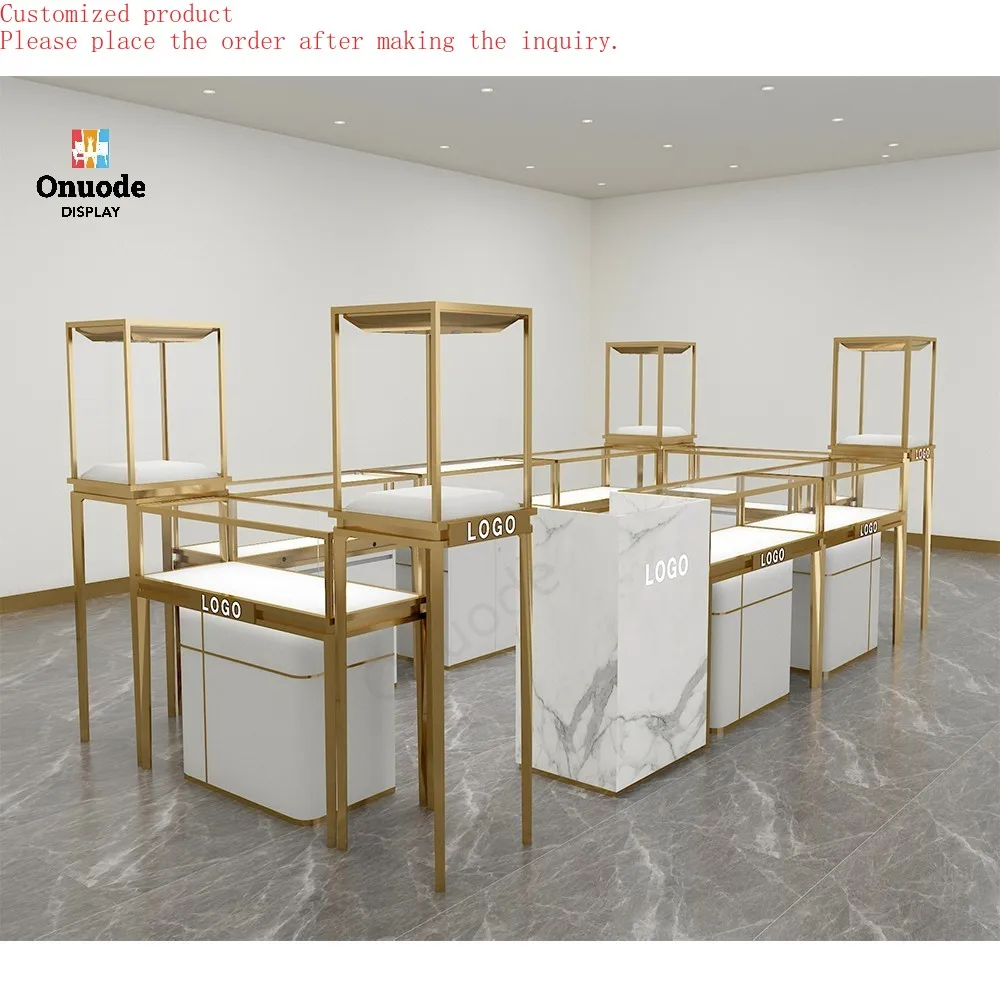 

Custom.Hot Sale Jewelry Cabinet Fitting Custom Modern Luxury Gold Jewelry Kiosk for Shopping Mall Jewelry Display showcase