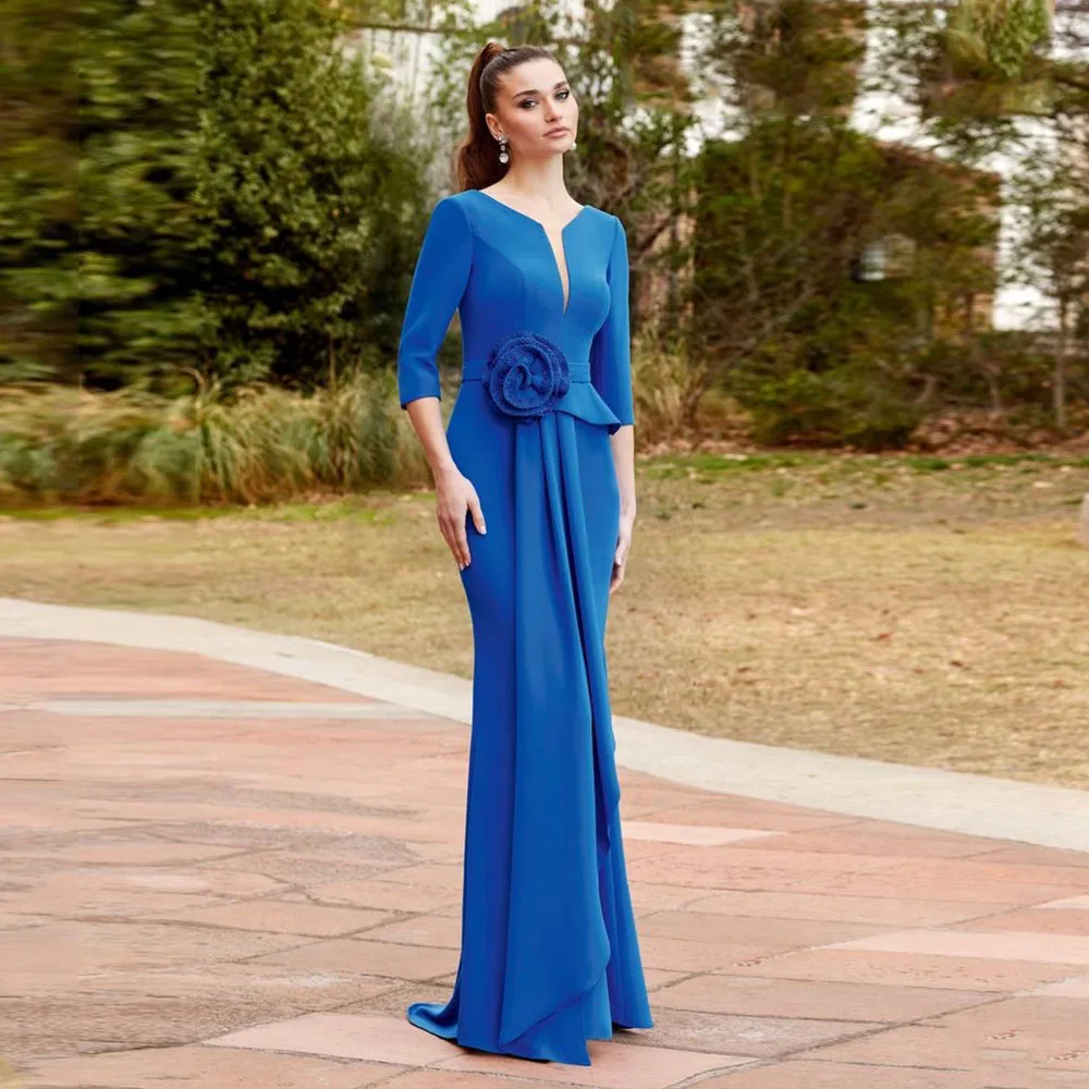 

Elegant Royal Blue Mother of the Bride Dresses for Wedding Floor Length 3/4 Sleeves Party Dress Mermaid Wedding Guest Gown