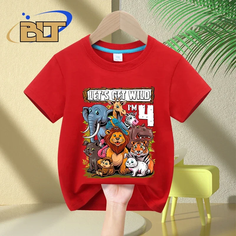 Camiseta infantil de algodão de manga curta, estampa safari, presente de aniversário infantil de 4 anos, verão