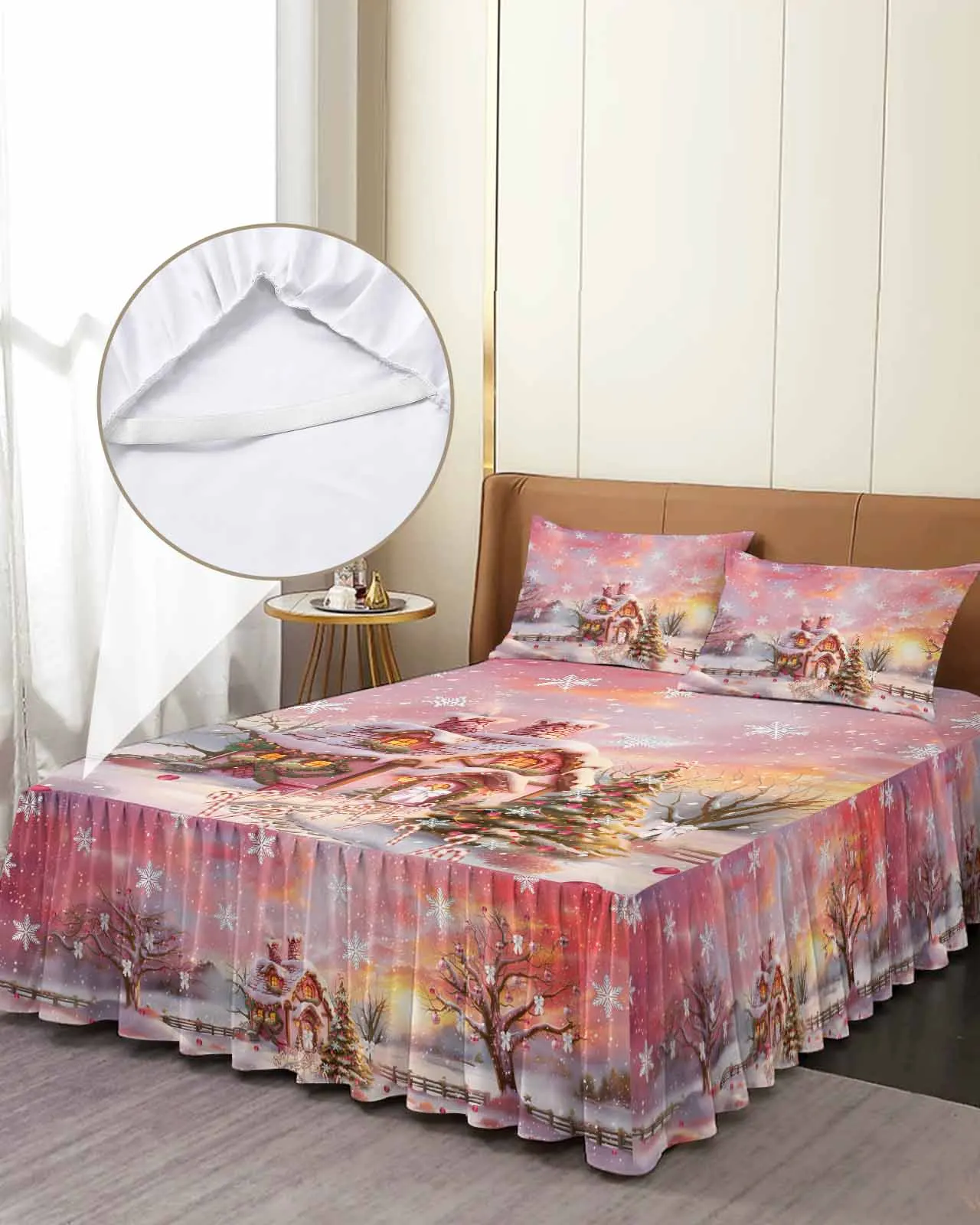 Christmas Candy House Snow View Countryside Skirt Elastic Fitted Bedspread With Pillowcases Mattress Cover Bedding Set Bed Sheet