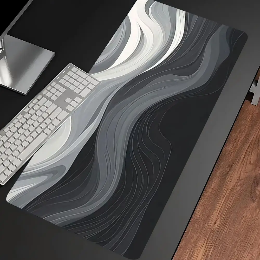 Desk Mat Modern Black Grey Marble Wave Print Stitched Edge Anti‑Slip Rubber Base Mouse Pad for Gaming Working Home Office