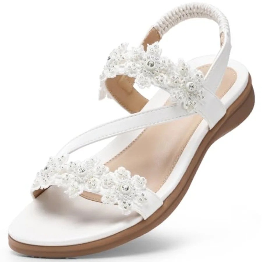 

TEMOFON Sandals for Women Flat Dressy Summer Flower Sandals with Ankle Strap Comfortable Casual Walking Flat Sandals Size