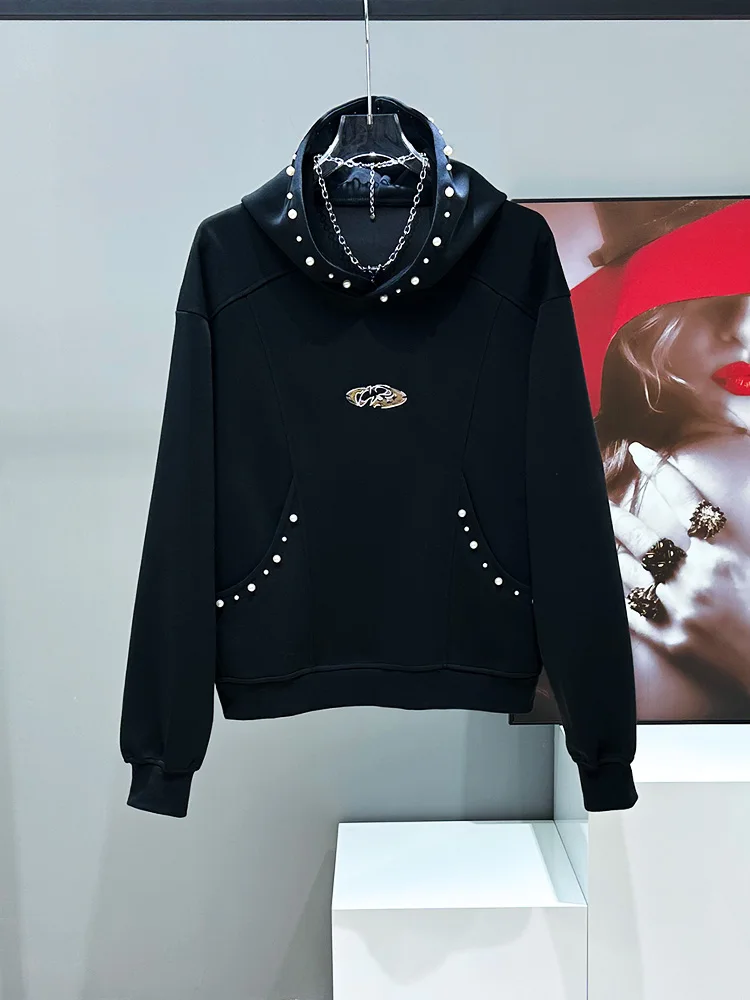 

Мужская толстовка с капюшоном и длинными рукавами, черная, повседневная, свободного кроя, в американском стиле, с бисерной отделкой, уличная мода