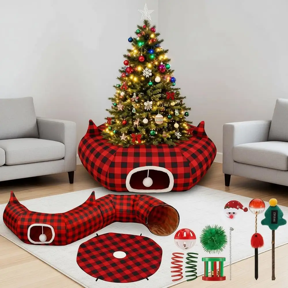 

9 Pcs Christmas Cat Tunnel Tree Skirt with 7 Pcs Toys, 2.9t x 2.9t x 10.6inch, Plaid Tunnel Bed with Ball and Cat Cave, Suitable
