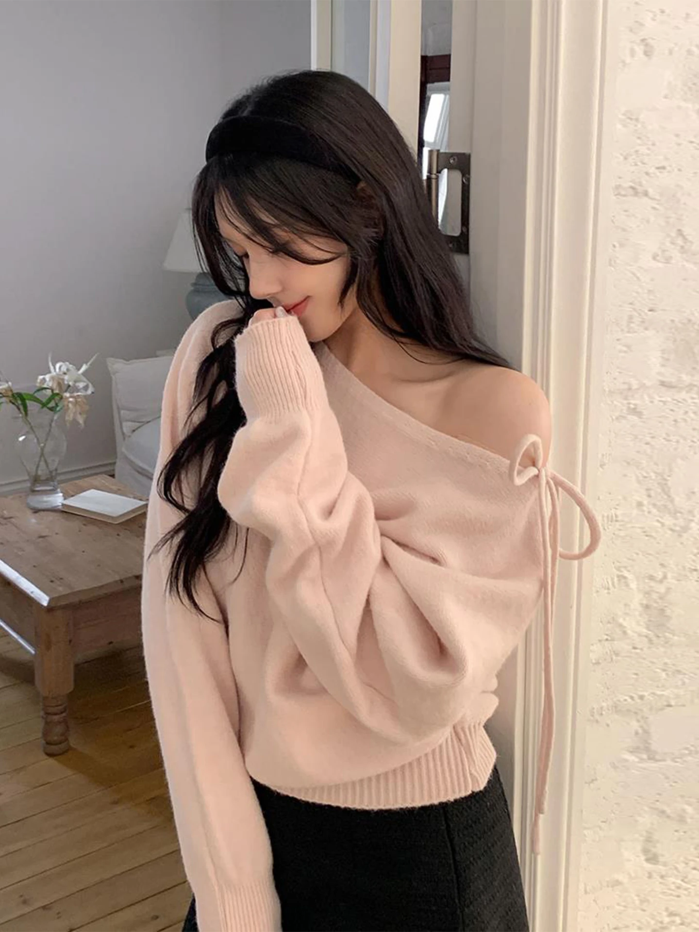 Doux Sle asymétrique sangle nœud tricoté pull femmes automne hiver Anti-âge doux polyvalent oulder Bared tricots