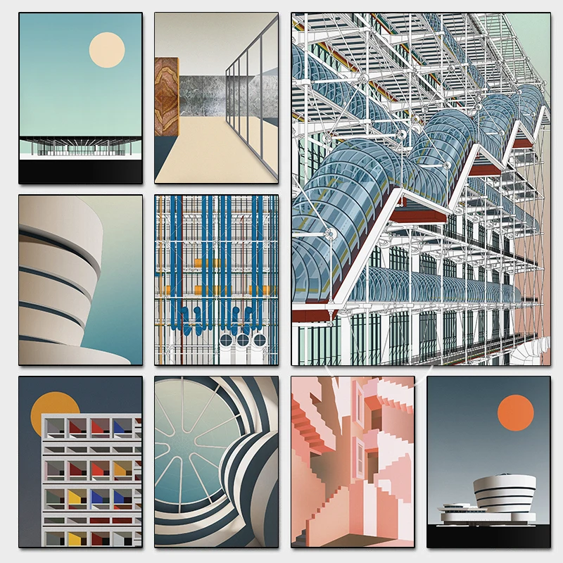 Modern Architecture Museum Graphic Abstract Posters Minimalist Prints Canvas Painting Wall Art Pictures Home Living Room Decor