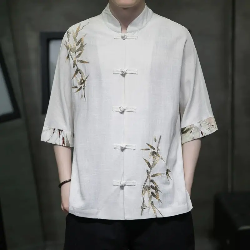 

Line Shirt Men's Short-sleeved Chinese Style Folding Half-sleeved Tang Suit Summer Chinese Style Men's Cotton and Linen Shirt