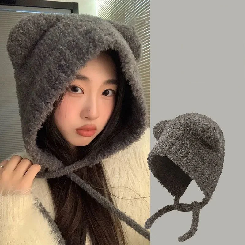 Autumn And Winter Cute Bear Plush Hat Women's Fashionable Warm Woolen Hat Large Head Circumference Ear Protection Hat