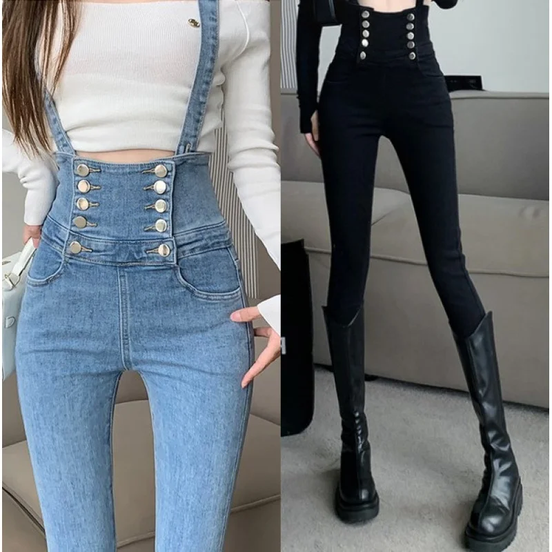 

Double-Breasted Waist-Cinching Black Overalls Women, Internet Celebrity Style, High Elasticity, Slimming, Skinny Penci
