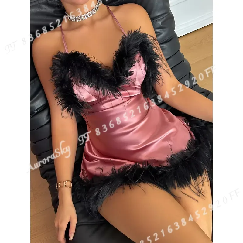 Sexy V Neck Feather Trim Women Nightgown Elegant Solid Color Short Pajamas Fashion Home Sleepwear Party Lingerie Dress