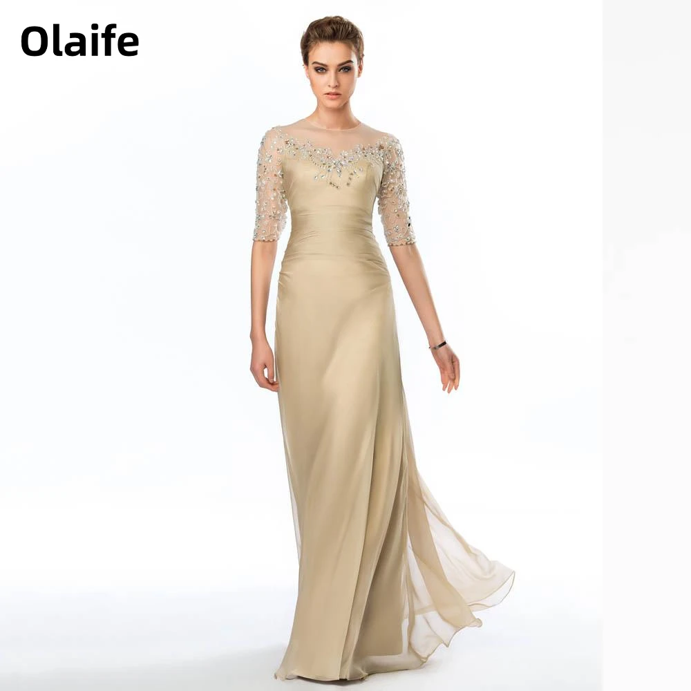 Olaife Chiffon Beaded Half Sleeves Ruffled Prom Dress Zipper Sleeveless Mother Wear Sexy Evening Party Gown Vestidos De Noche