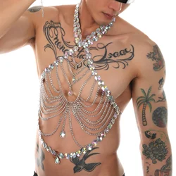 CLEVER-MENMODE Sexy Bohemia Body Chain Chest Finger Necklace Men Punk Harness Imitation Crystal Bondage Clothing