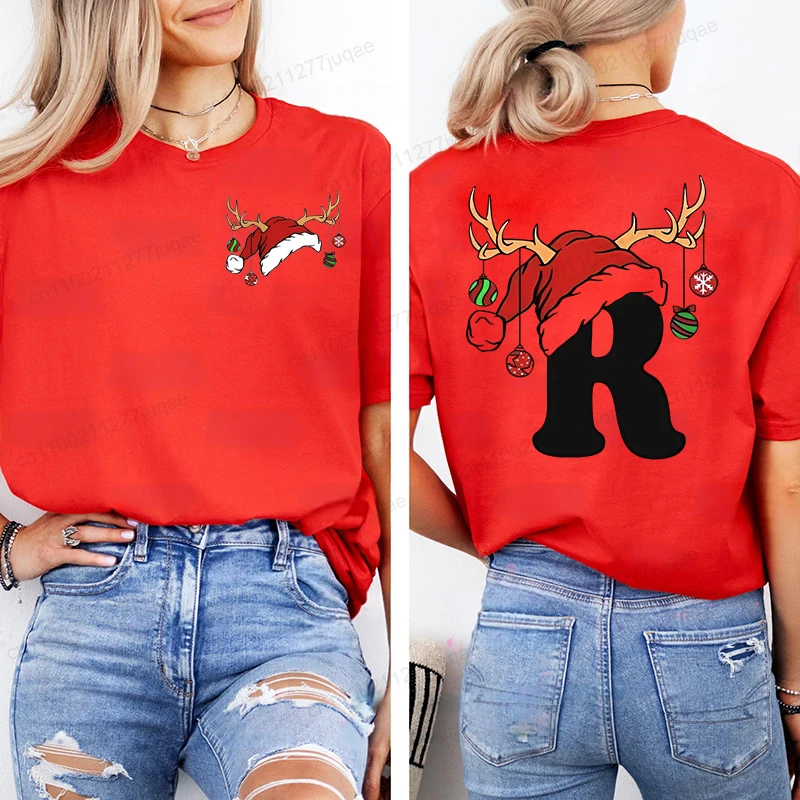 

Christmas Gift Women Tshirt Santa Alphabet Print Tee for Women Casual Streetwear Christmas Party Holiday Couple Matching T-Shirt