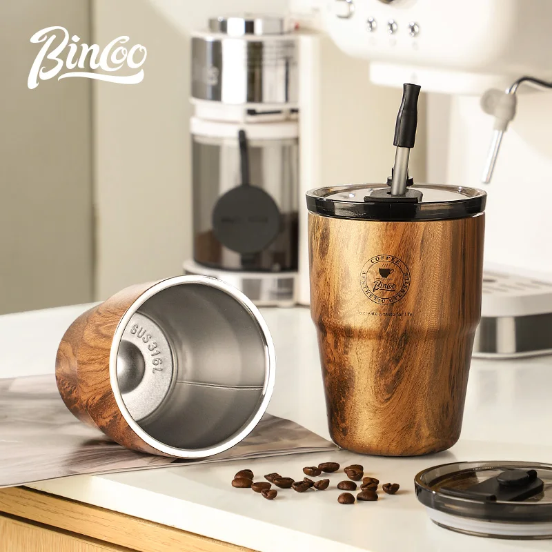 BINCOO-Stainless Steel Thermal Flask, Insulated Coffee Cup, Thermal Water Mug, Wooden Color, Bottle with Straw, 480ml, 580ml