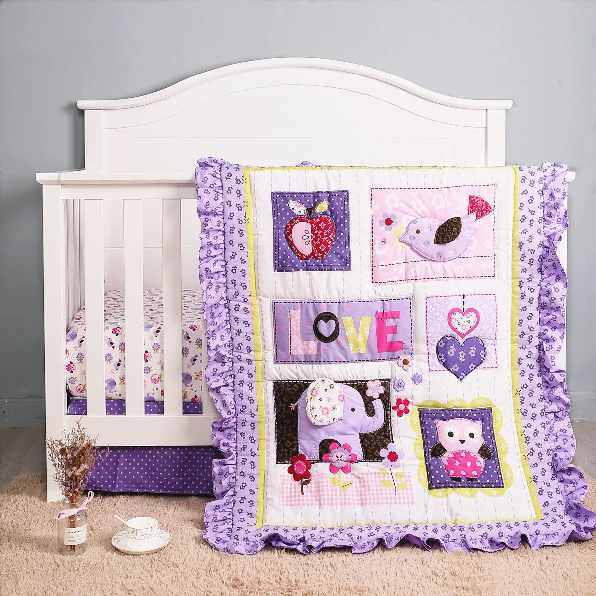 

3Pcs Originals Baby Nursery Sets 3D Elephant Crib Bedding Set for Girls Purple (Comforter Fitted Sheet Crib Skirt)