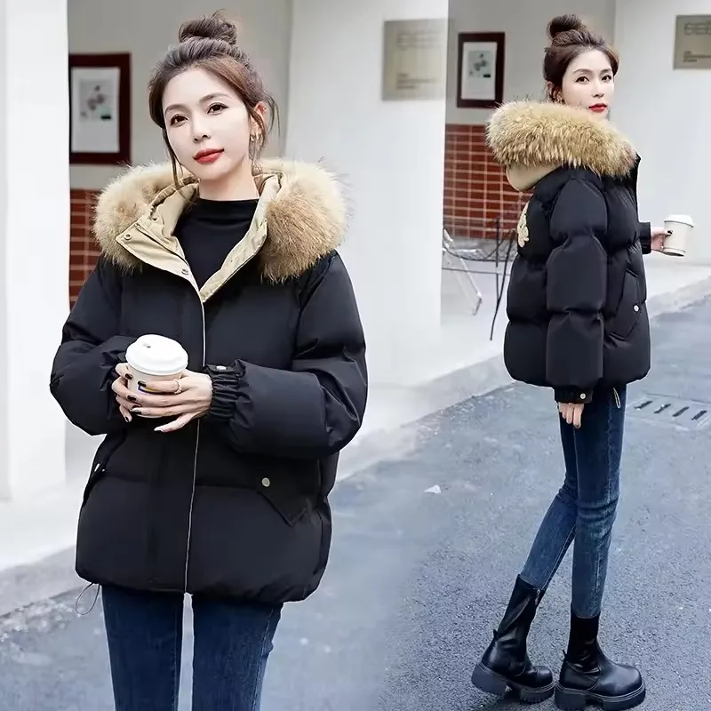 Winter Women's Big Fur Collar Down Cotton-padded Jacket Fashion Loose Hooded Short Outerwear Thicken Warm Parkas Female 3