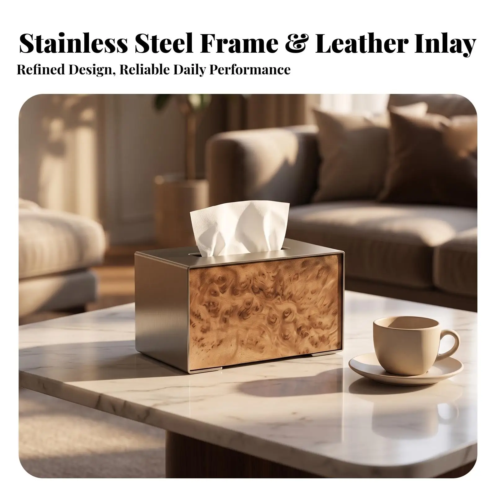 Modern Stainless Steel Tissue Container with Marble Front Leather Square Tissue Box Holder for Tabletop Desk Decor