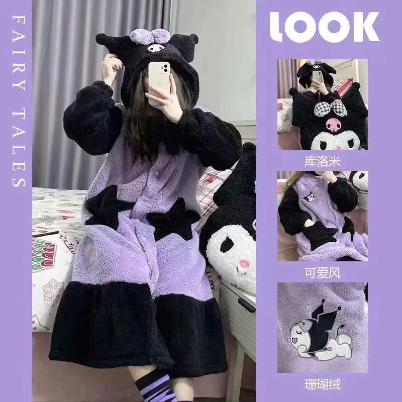 

Anime Kuromi Cartoon Pajamas Women's Autumn and Winter Thick Velvet Robe Cartoon Cute Medium to Long Size Can Wear Overdress