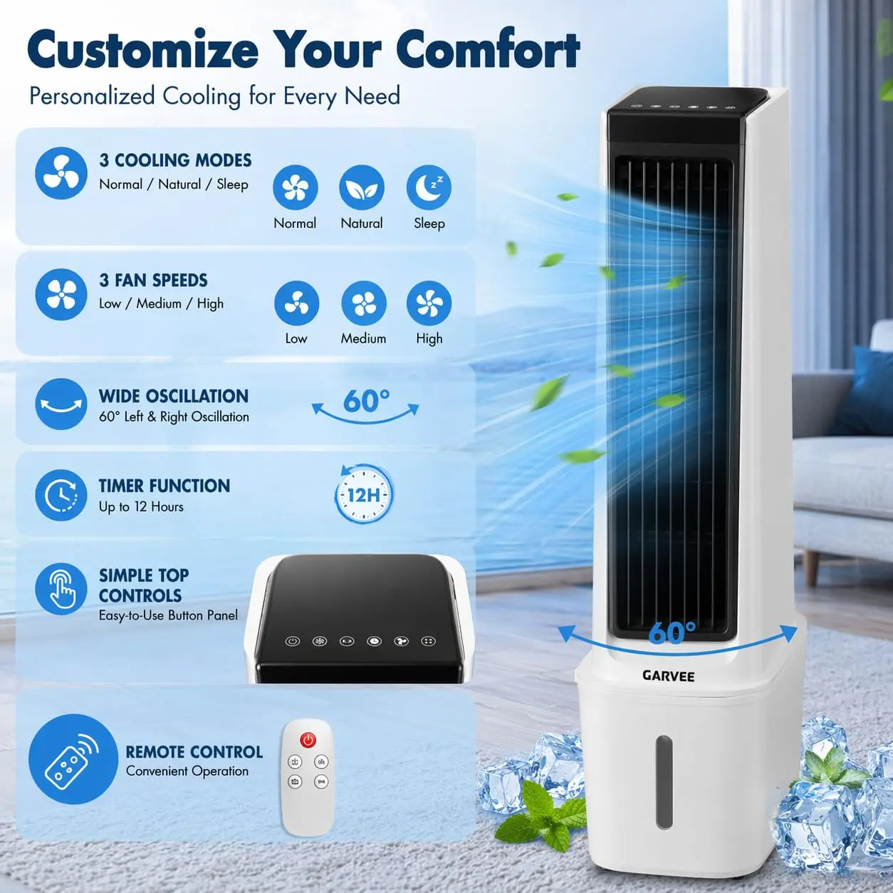 Portable Air Conditioners, 3 in 1 Evaporative Air Cooler, Swamp Cooler Fan with 4.5 gal Water Tank, Remote & Timer, 3 Speeds, Wide 60° Oscillation, Blows Cold Air for Home Office, Workshop and Garage