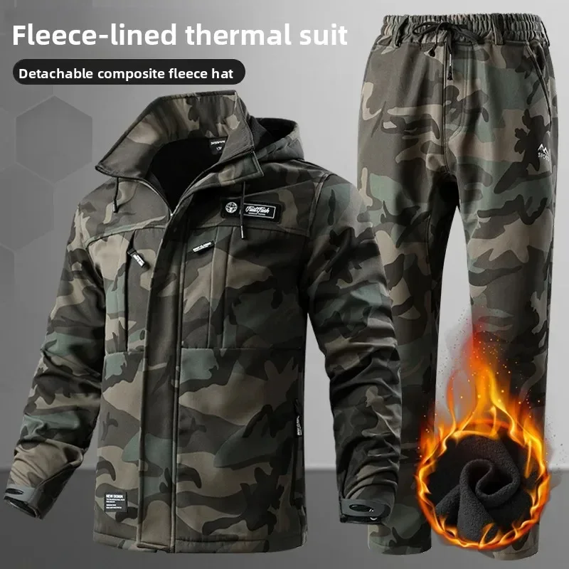 

Men's waterproof workwear set with warm pleated lining for autumn and winter outdoor cycling, durable set for men's winter set