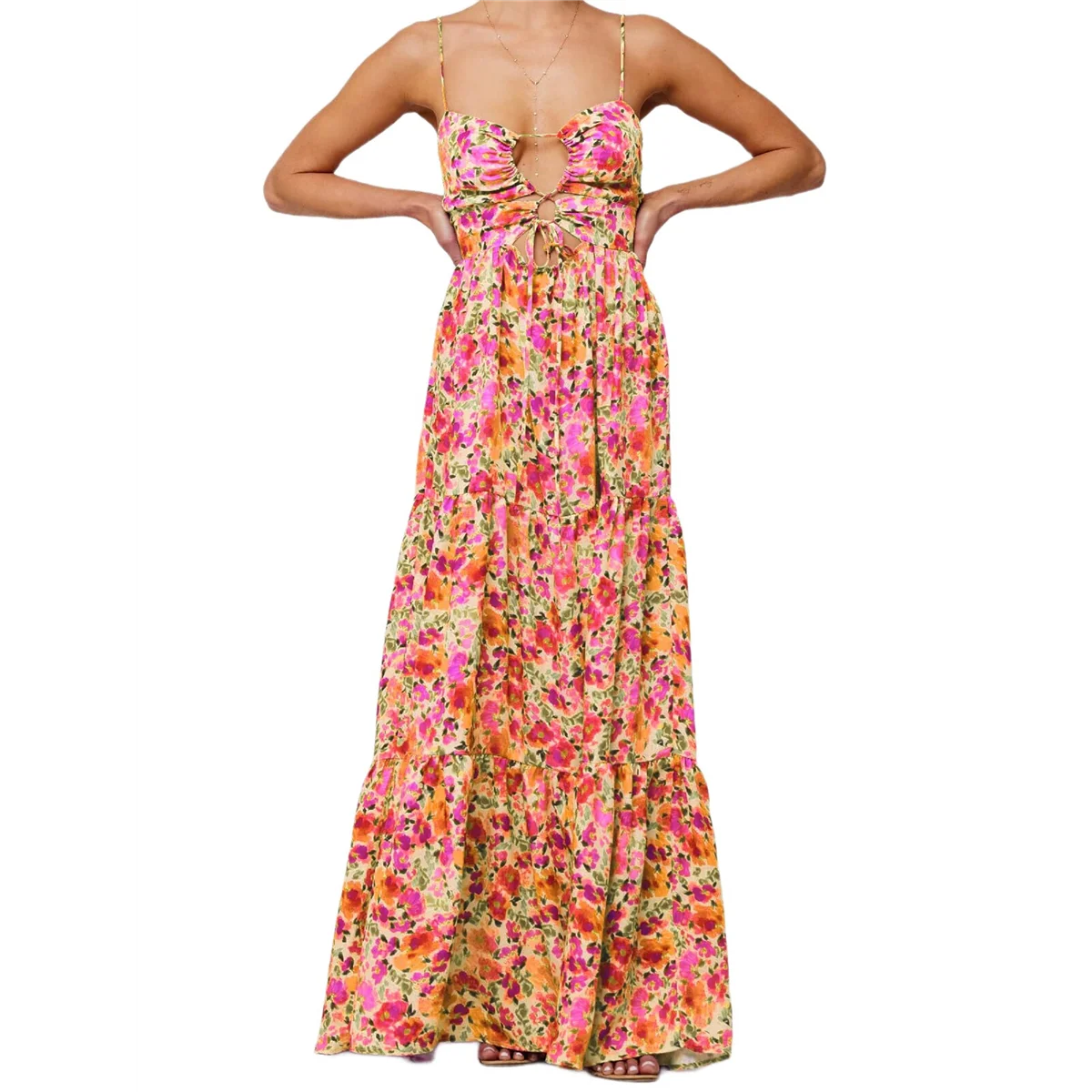 ABP-Abito estivo floreale per donna Senza spalline Scavato con cravatta sul davanti Abito lungo Flowy Smocked Bohemia-Abito