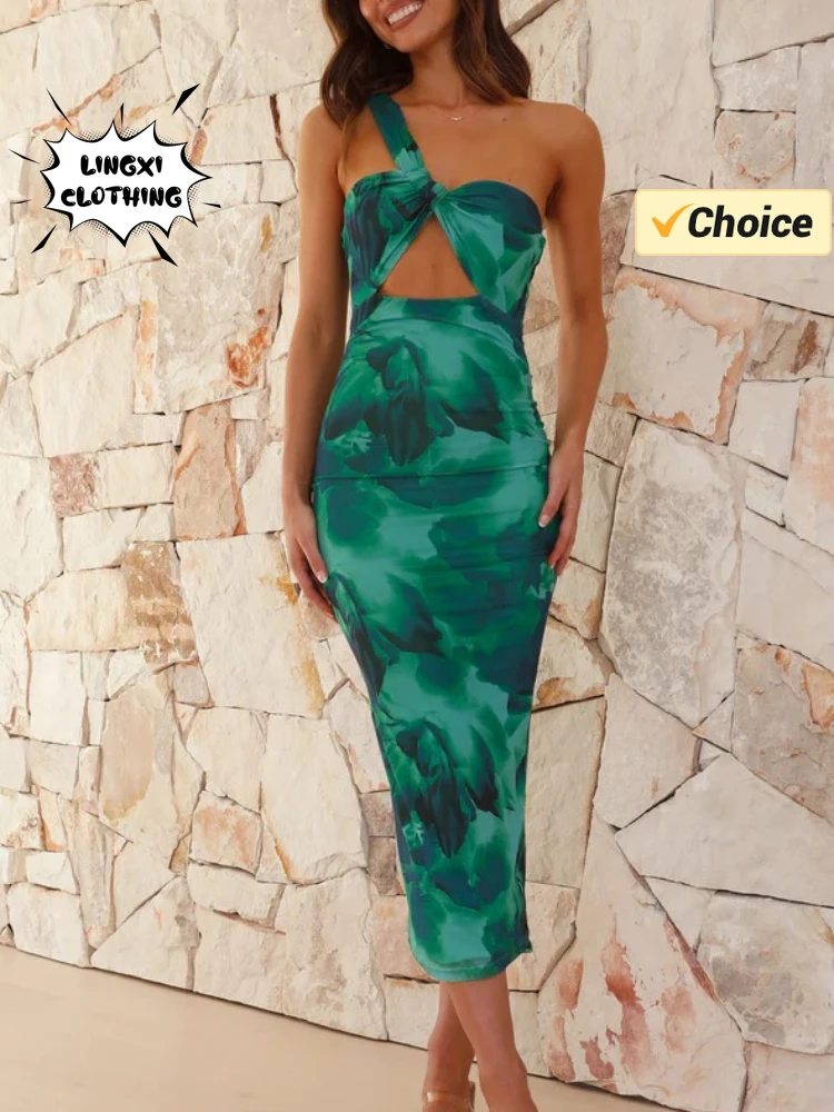เดรสรัดรูปเปิดไหล่ข้างเดียวพิมพ์ลายปาร์ตี้เปิดไหล่ข้างเดียวสีเขียวฤดูร้อนแฟชั่น2024