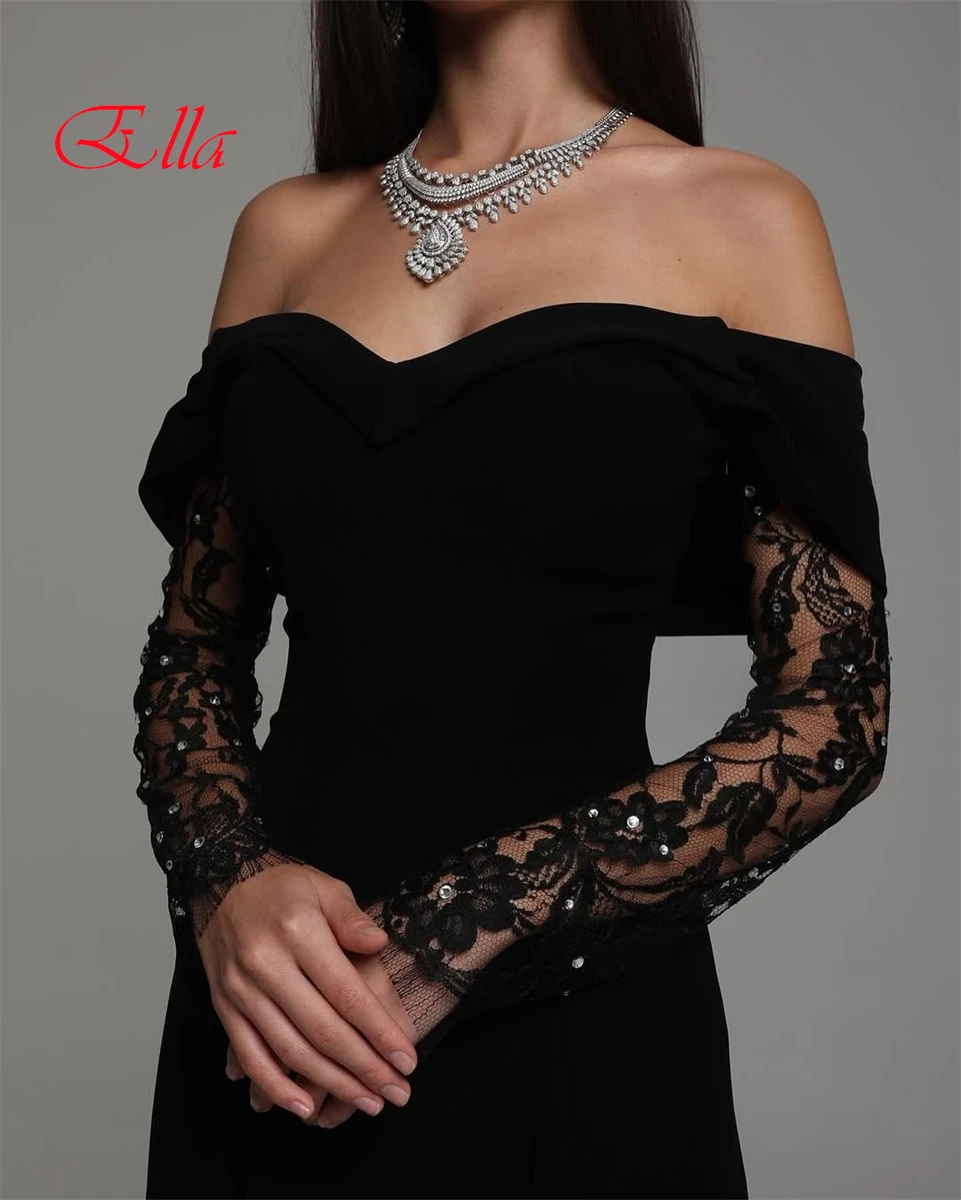 

Customized Temperament Black Jersey Evening Dress Graceful Strapless Off the Shoulder Lace Long Sleeves Zipper Back Prom Dress