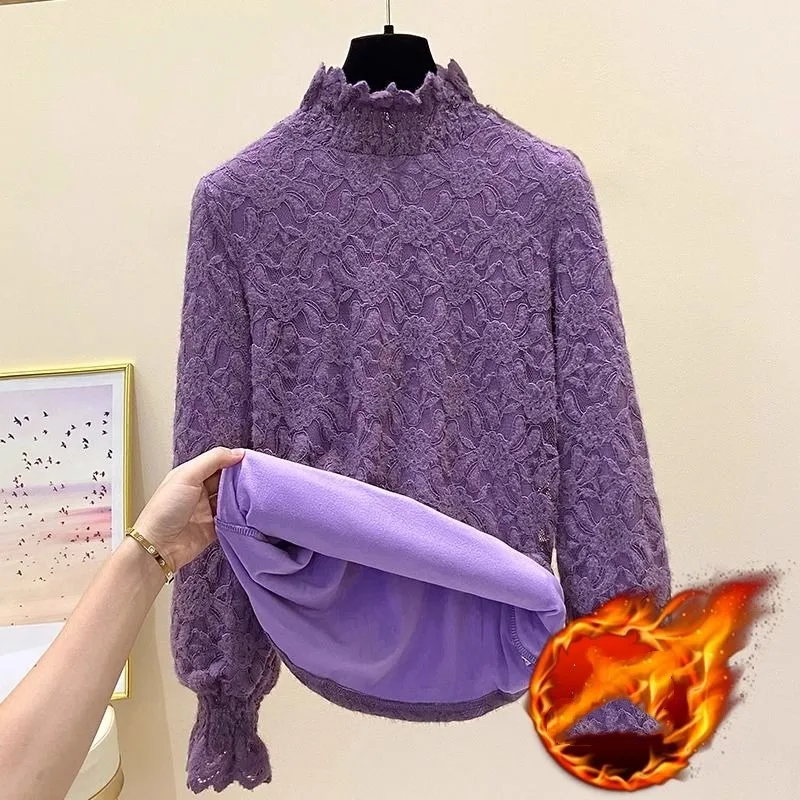 Women's Thick Lace Bottom Autumn Winter New Fashion Chic Solid Half High Neck Patchwork Ruched Long Sleeve Pullover Slim Tops
