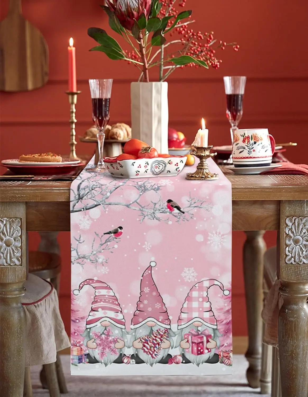 Christmas Gnome Pink Linen Table Runners Winter Seasonal Dresser Scarf Decor Xmas Tree Snowflake Table Runner Navidad Decoration