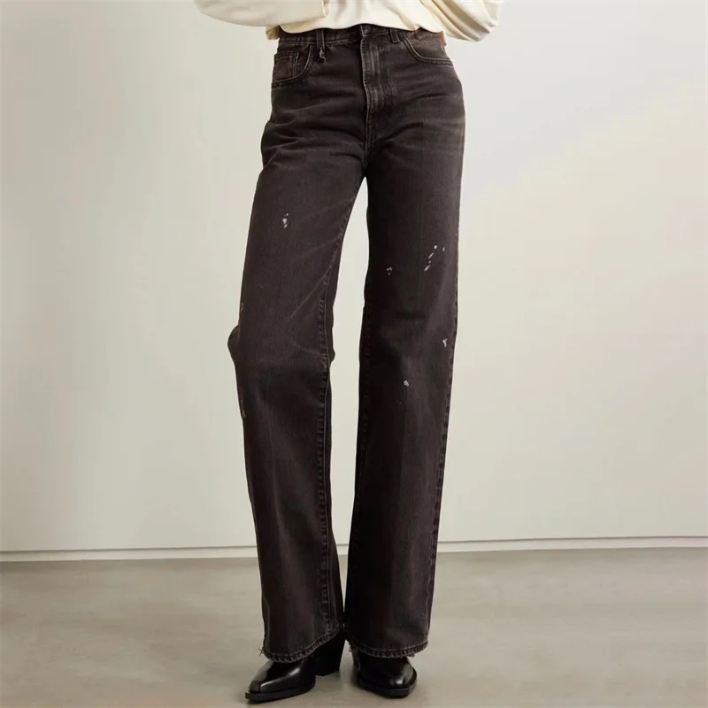 Women's pants 2024 autumn New in Vintage splashed ink Women's jeans Washed and worn high waisted straight leg pants y2k Trousers