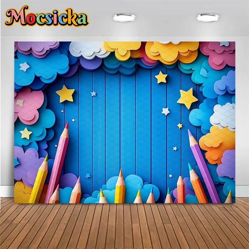Mocsicka ブルーウッドボード背景写真撮影児童学生ハッピーバースデー背景カラフルなペンクラウドスター装飾バナー