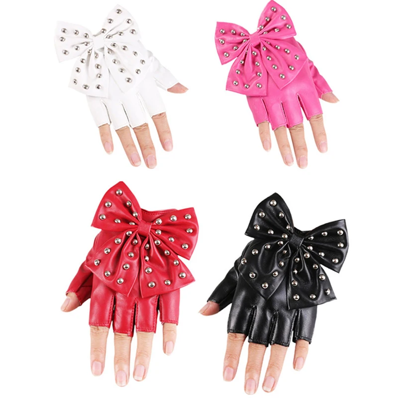 Fashion Bow Tie Rivet Lady Gloves Women Vintage Driving Stage Nightclub Pole Dance Performance Disco Rock Punk PU Glove Mittens