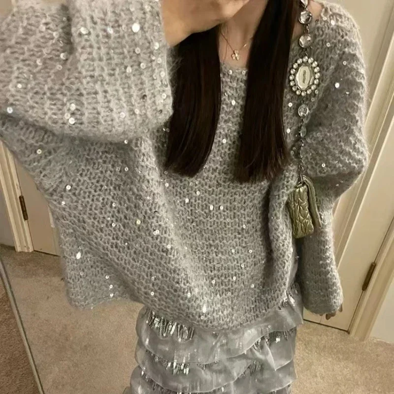 Vintage Sequined Women\'s Wool Sweaters Elegant Long Sleeve Loose Cashmere Jumper Female Oversized Loose Knitted Pullover