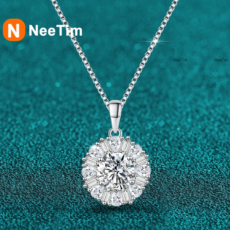 NeeTim 1ct Moissanite Necklace for Women s925 Sterling Silver with White Gold Plated Party Bridal Neck Chain Wedding Jewelry