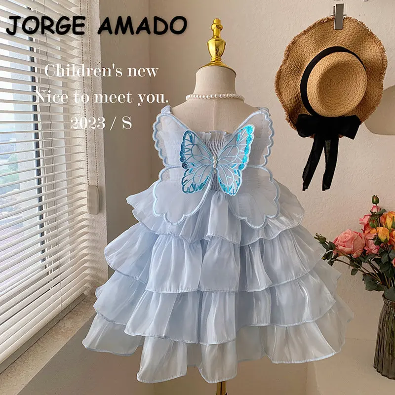 New Summer Baby Girls' Party Dress Sleeveless Princess Dress Butterfly Bow Knot Cake Dresses Solid Color Kids Clothes E2336