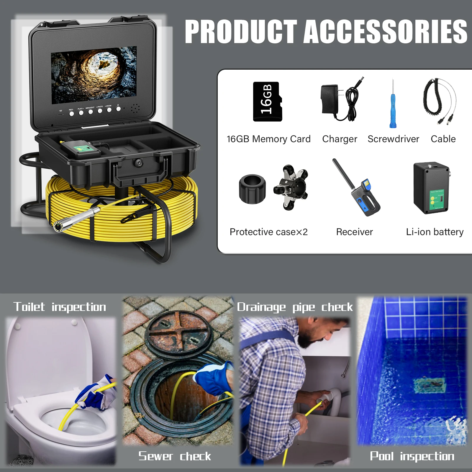 10" IPS Sewer Pipe Inspection Camera with Locator Meter Counter DVR  Auto Self-Leveling 512hz AHD 1080P Video Borescope Camera