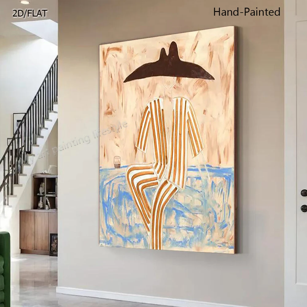 Large Hand Drawn Oil Painting Western Tribal Striped Figures Abstract Expressionist Artwork for Wall Decor
