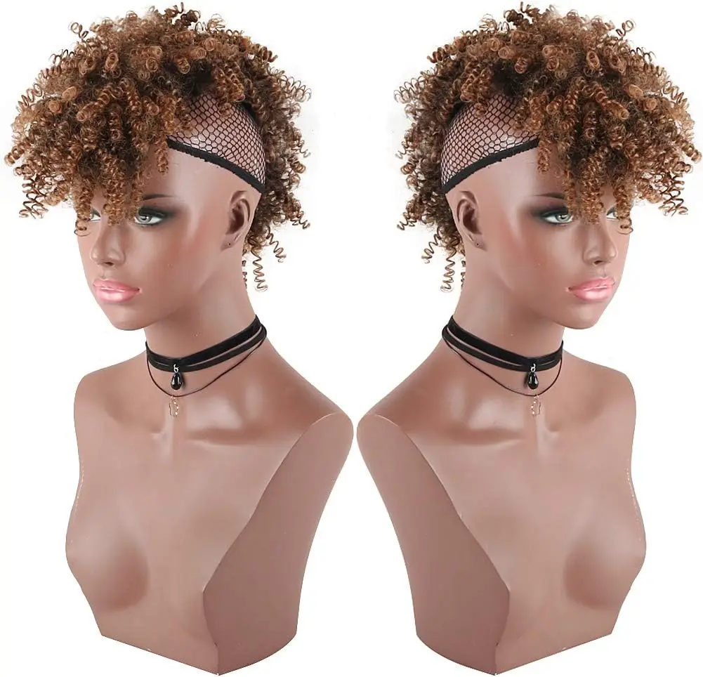 Synthetic African Ponytail Clip-in Hair Extensions Fluffy High Bun with Bangs Light Brown Curly Spring Mohawk Curly Wig